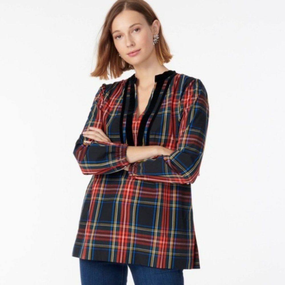 J.Crew Velvet-trimmed V-neck tunic in black Stewart tartan